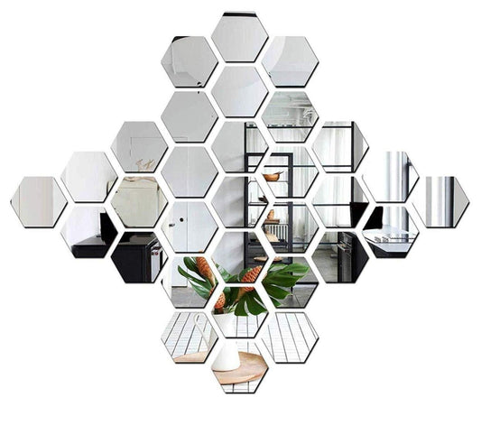 WallDaddy Mirror Stickers For Wall Pack Of 32 Hexagon Silver Color Flexible Mirror Size (10x12)Cm Each Hexagon