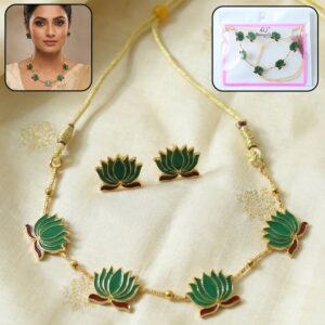 Traditional Green Lotus Design Necklace with Stud Earrings Set(1 Set)