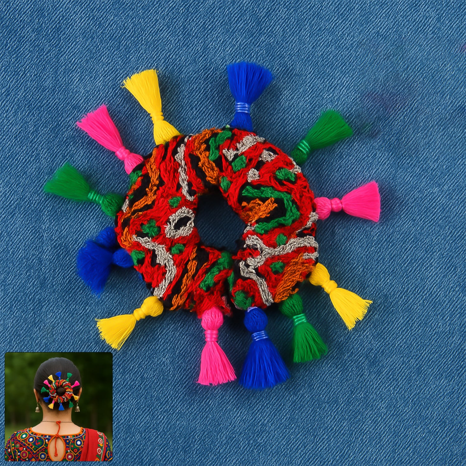 Navratri Hair Bun โ Vibrant Multicolor Tassel Juda Accessory