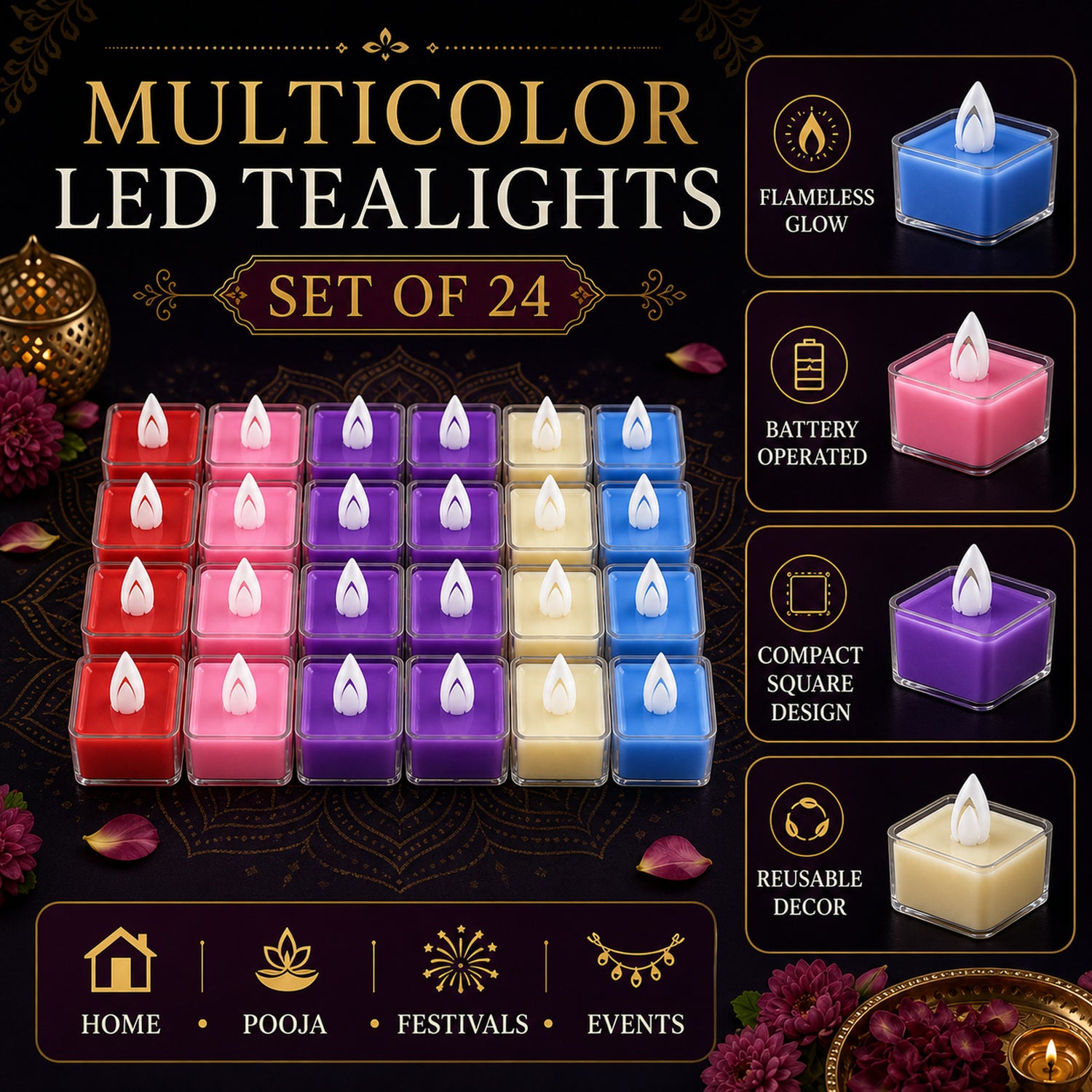 LED Tealight Candles β Set of 24 Multi-Color Flameless Lights