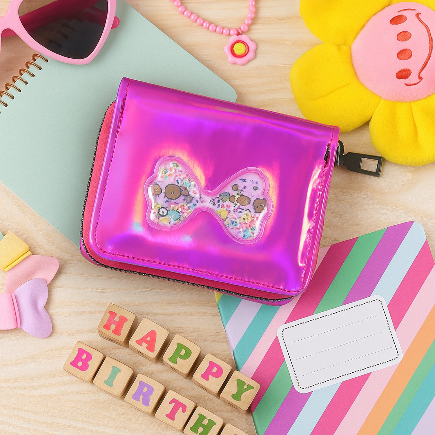 Kids Wallet β Vibrant Holographic Zip Closure with Glitter Bow