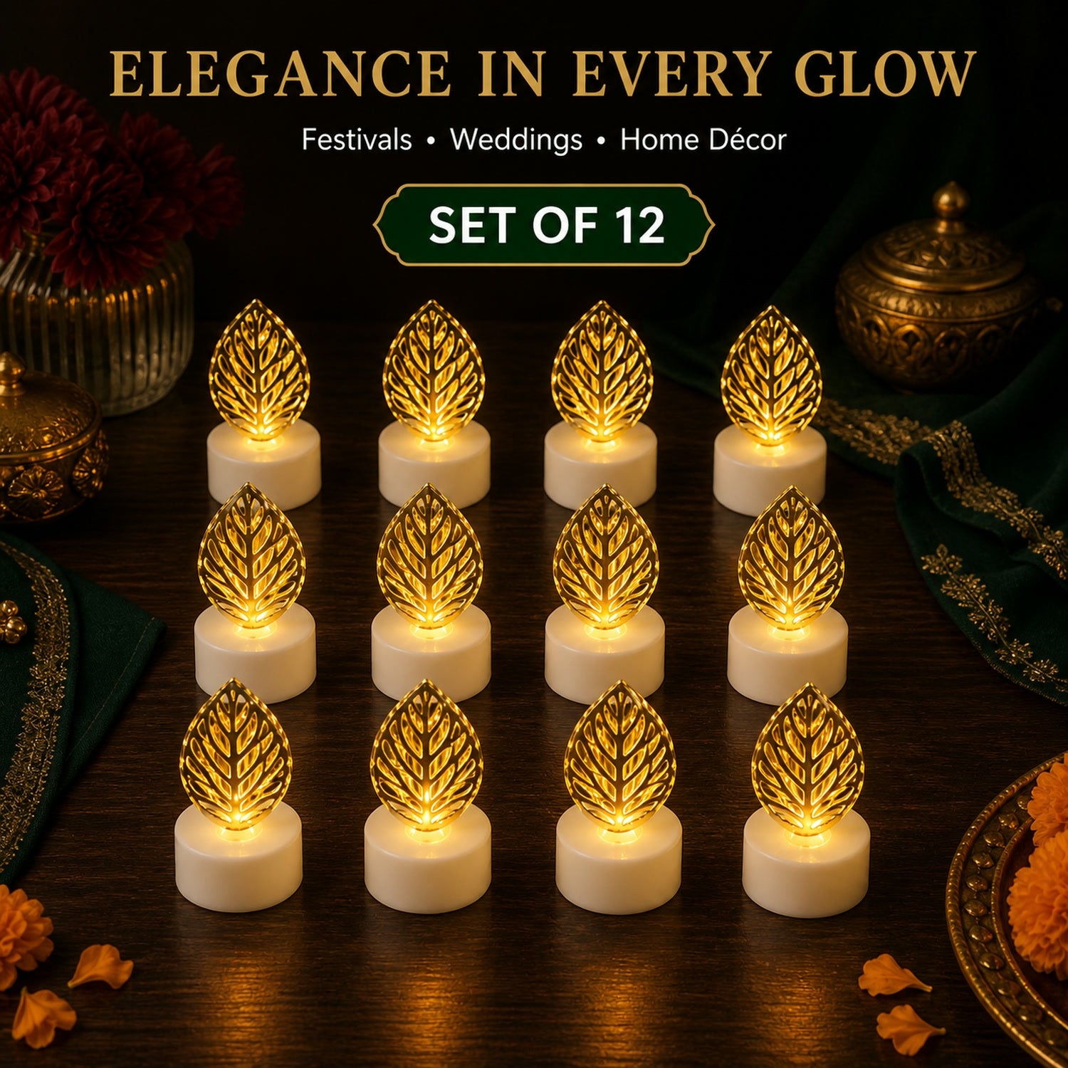 Leaf Shaped Flameless LED Candles β Elegant Decorative Set of 12
