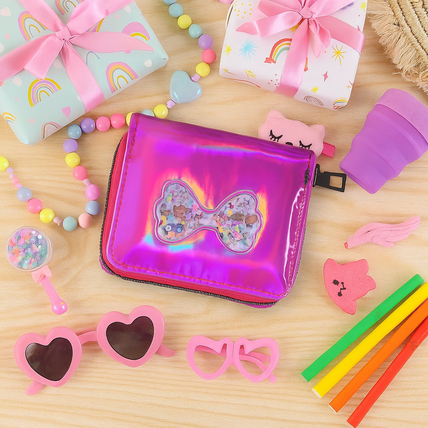 Kids Wallet β Vibrant Holographic Zip Closure with Glitter Bow