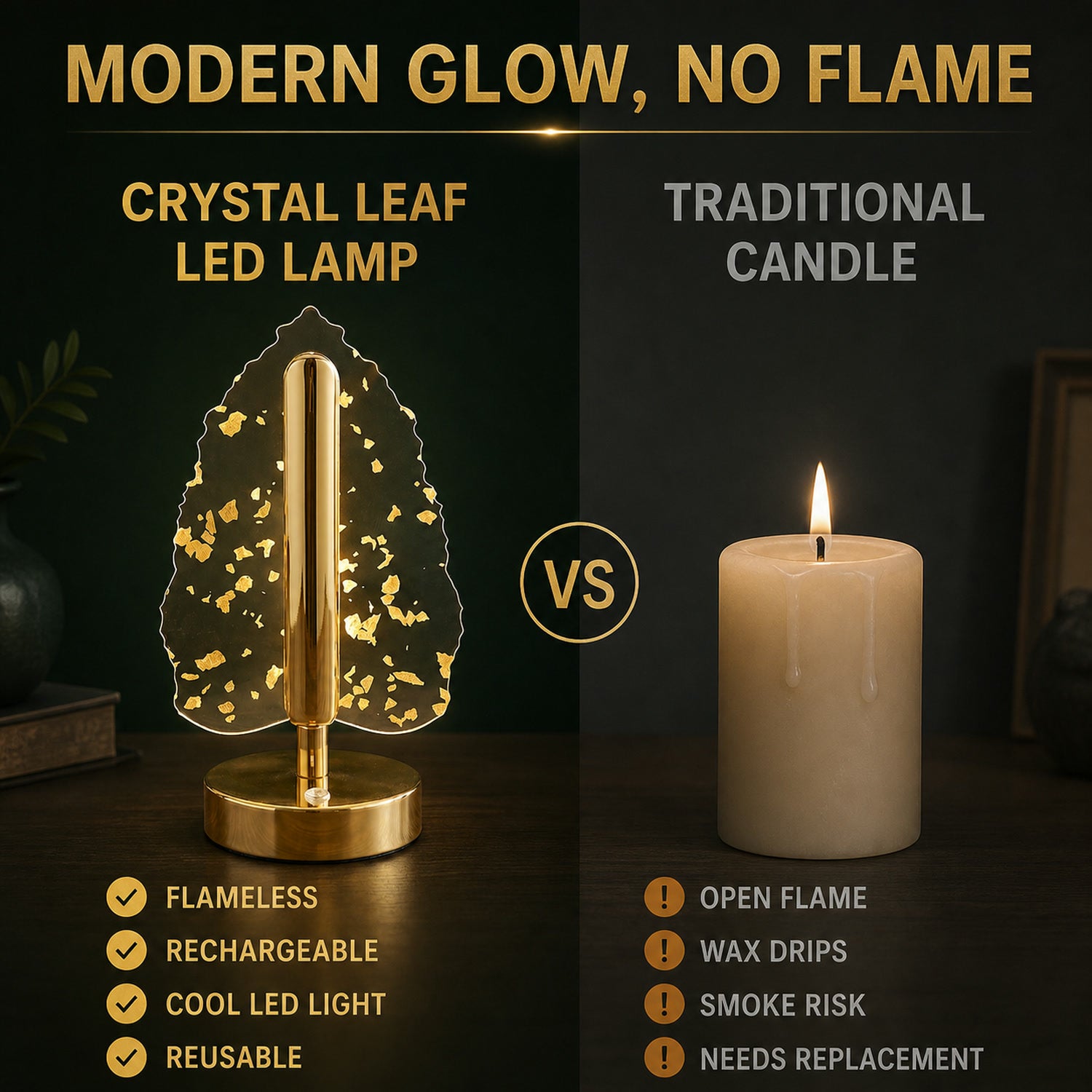 Golden Crystal Leaf LED Table Lamp β USB Charging & Warm Light