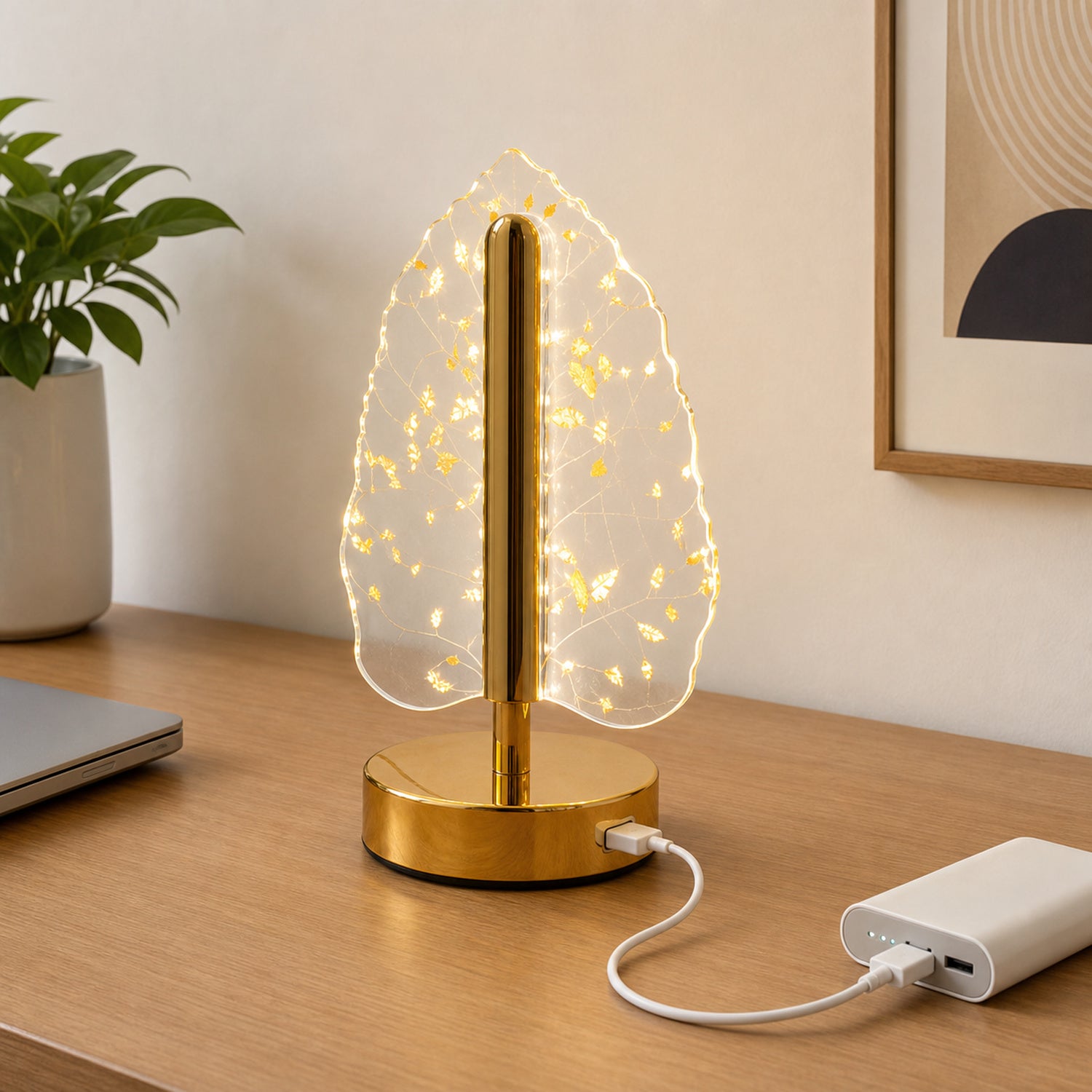 Golden Crystal Leaf LED Table Lamp β USB Charging & Warm Light