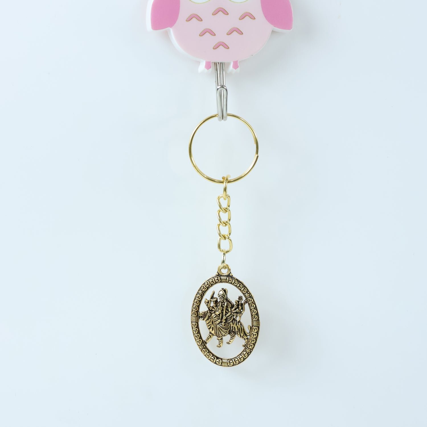 Maa Durga Golden Oval Frame Keychain – Spiritual Protection