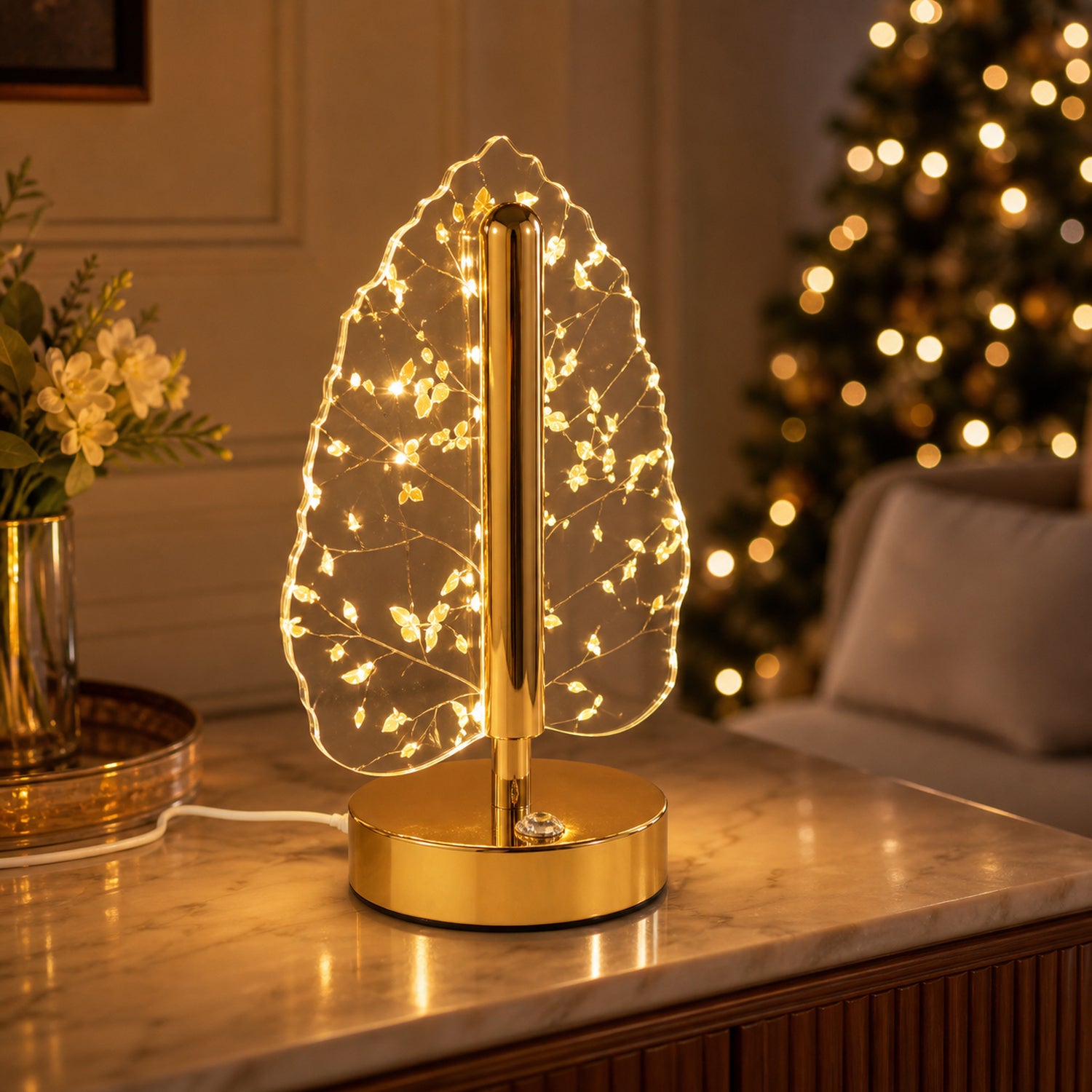 Golden Crystal Leaf LED Table Lamp β USB Charging & Warm Light