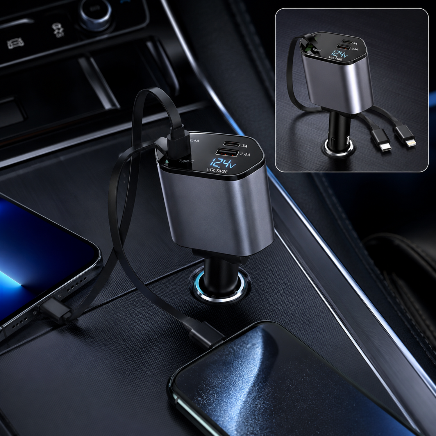 4-in-1 Car Charger β Dual Cables & 120W Super Fast Power