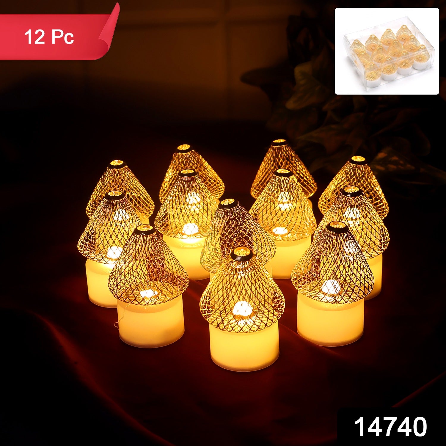LED Flameless Candle Lights – Set of 12 with Golden Net Cover