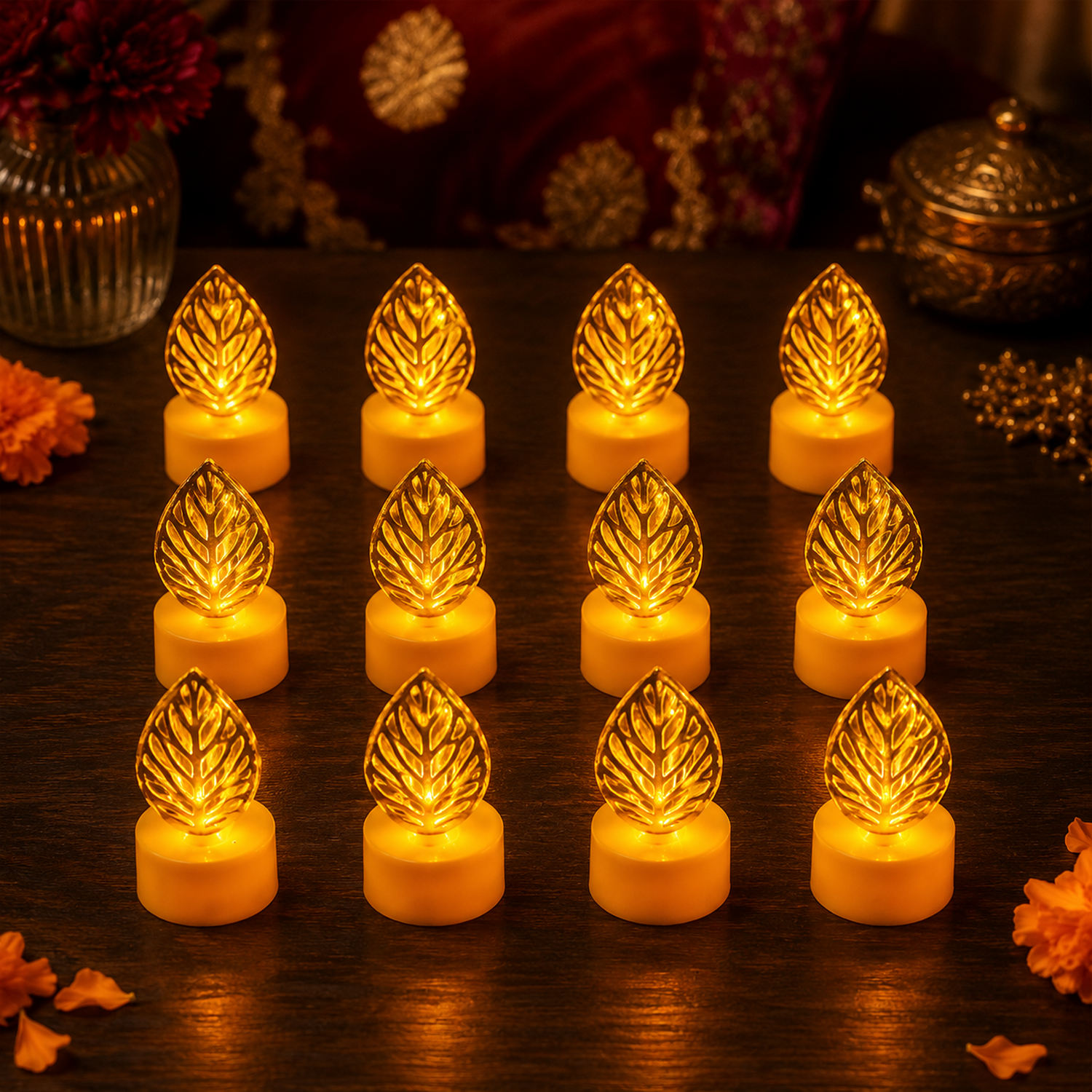 Leaf Shaped Flameless LED Candles β Elegant Decorative Set of 12