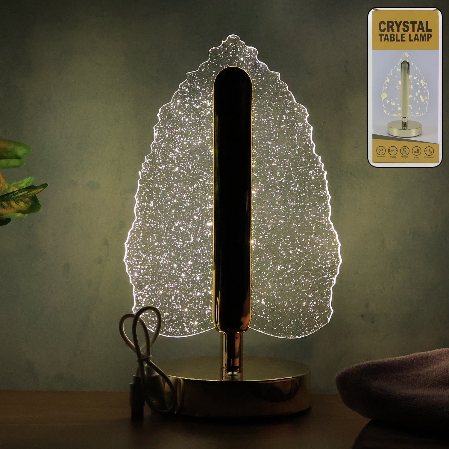 LED Crystal Table Lamp β Elegant Leaf Design with USB Power
