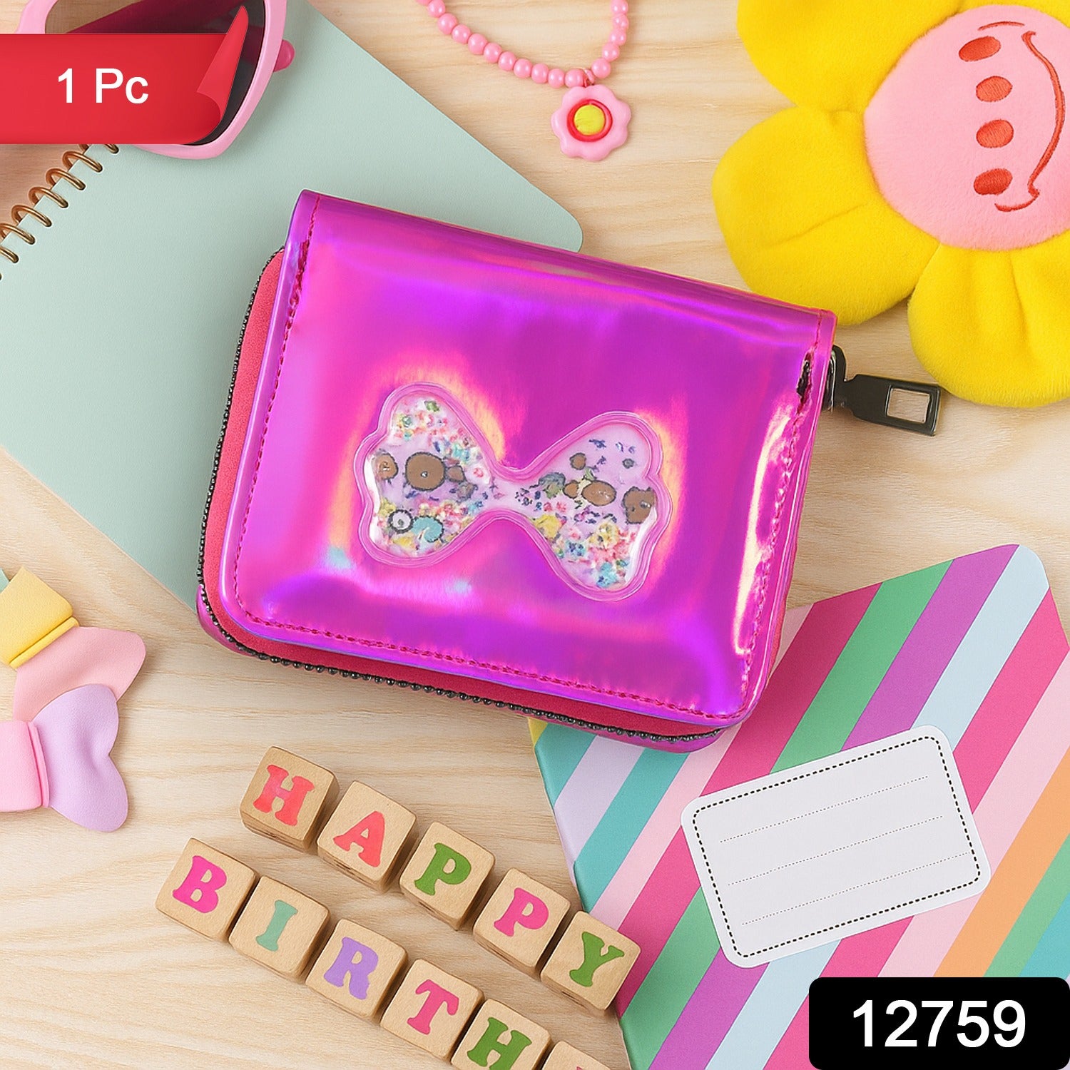 Kids Wallet β Vibrant Holographic Zip Closure with Glitter Bow