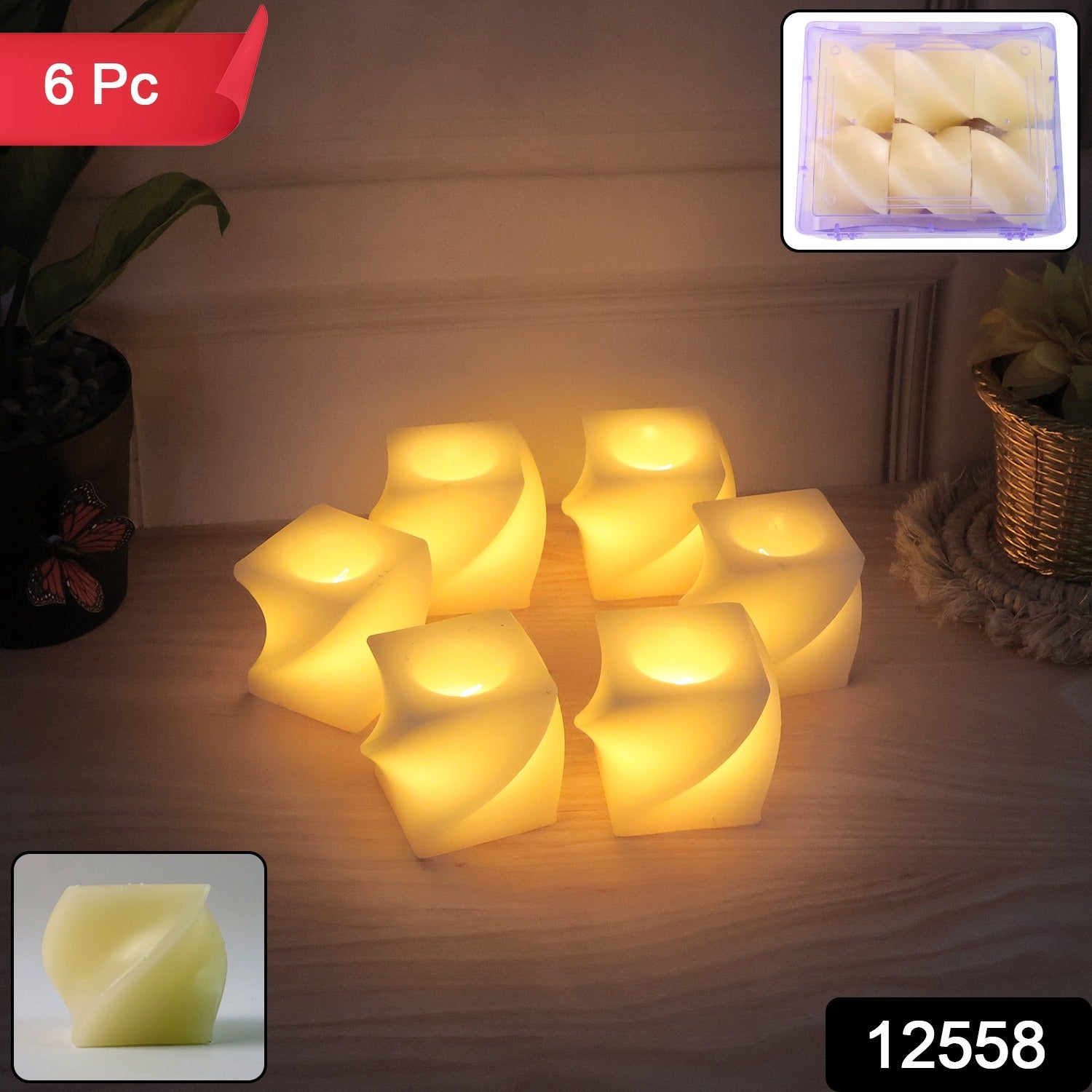 Square LED Flameless Candles – Set of 6 for Home Decor & Pooja