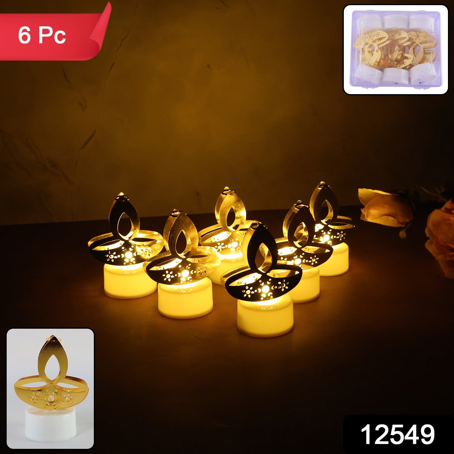 Golden Diya LED Tealight Candles β Elegant Flameless Decor (6 Pc Set)