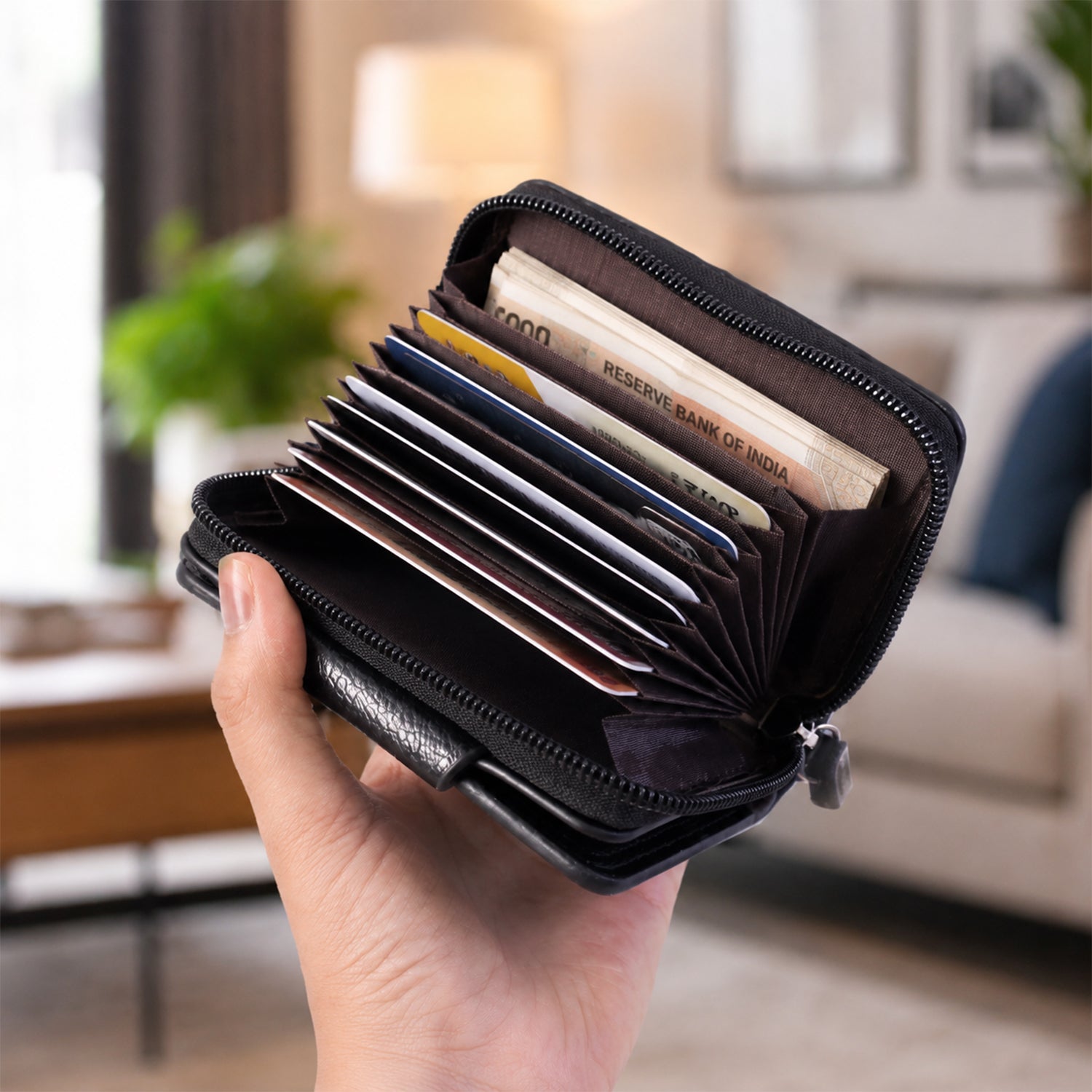 Black Zip-Around Card Holder Wallet โ Secure Multi-Card Organizer
