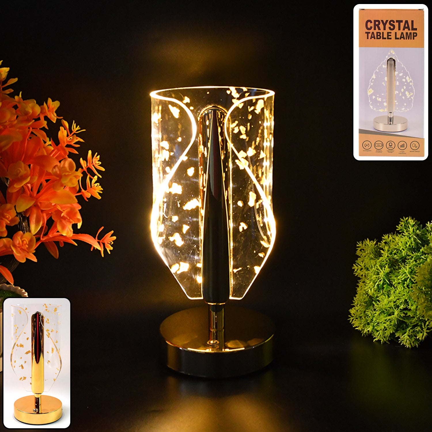 Crystal Table Lamp β Luxury Golden Leaf Design with USB Charging