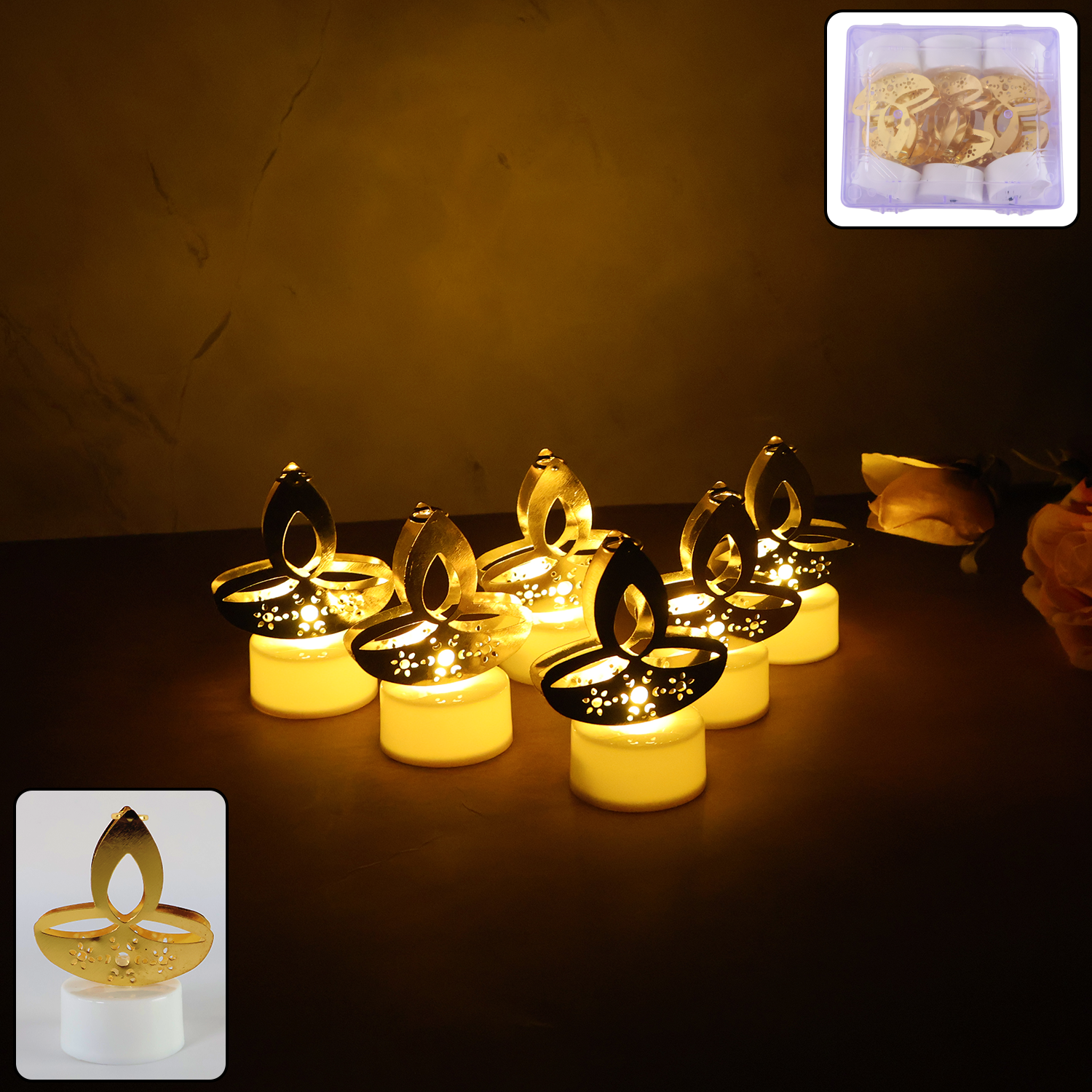 Golden Diya LED Tealight Candles β Elegant Flameless Decor (6 Pc Set)
