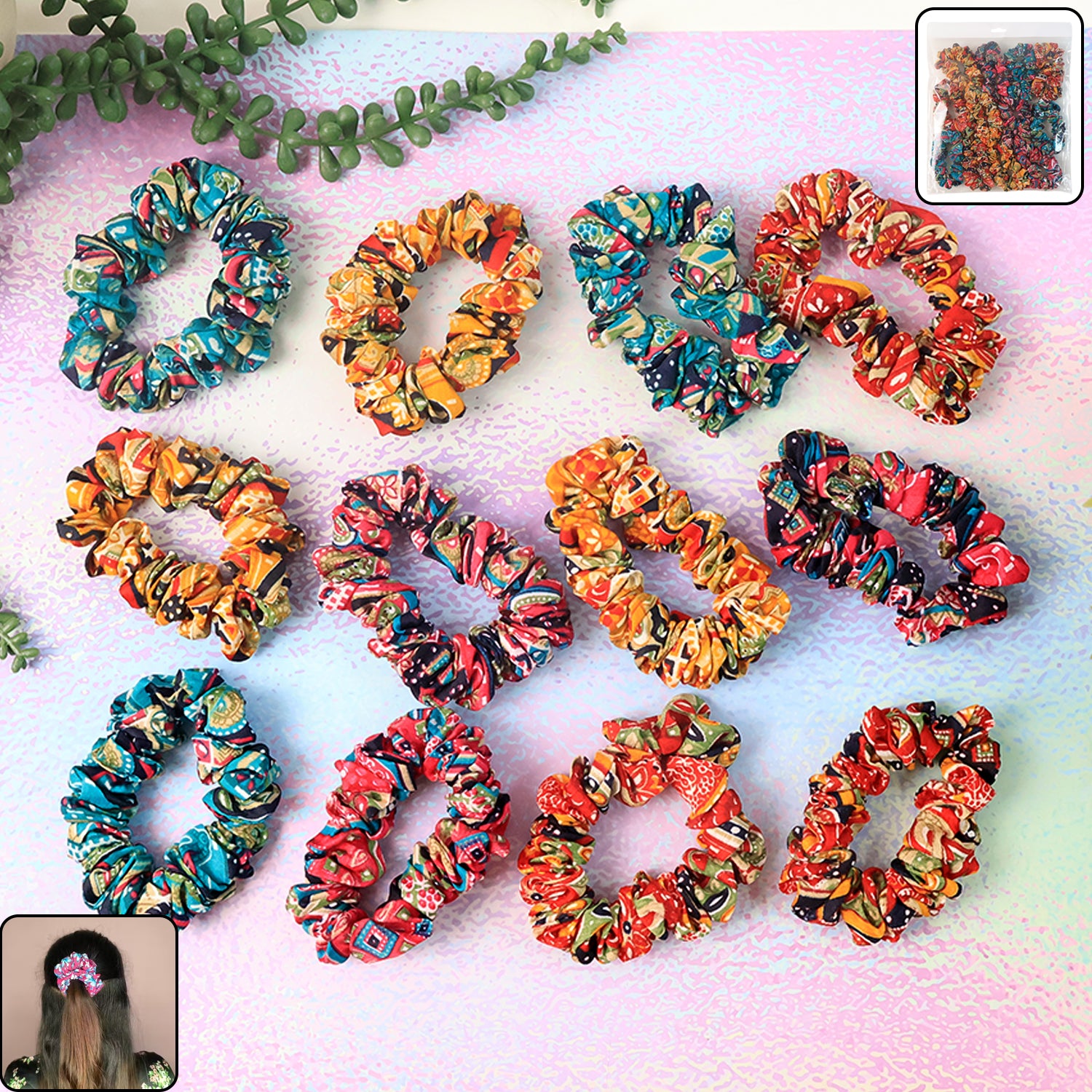 Printed Fabric Hair Scrunchies โ Set of 12 Stylish Prints