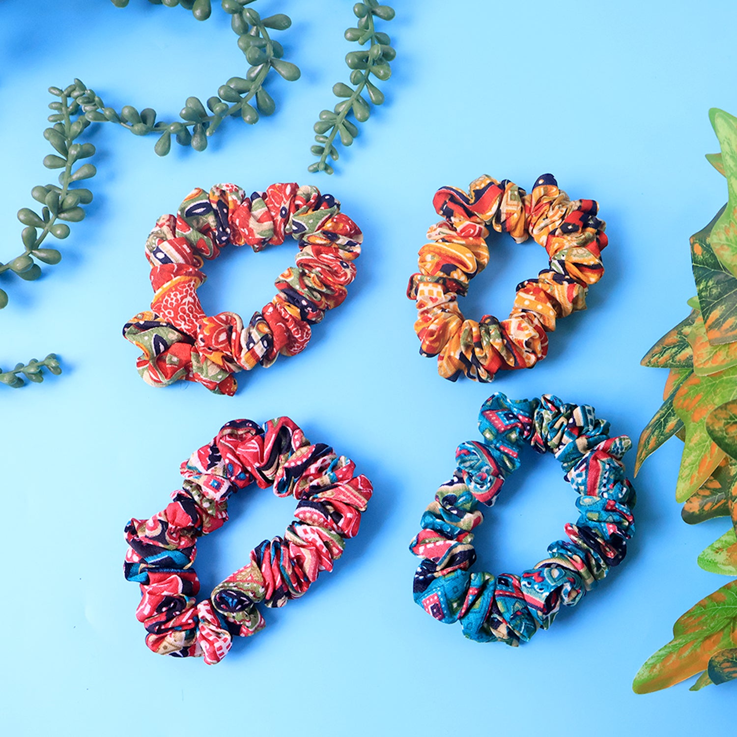Printed Fabric Hair Scrunchies โ Set of 12 Stylish Prints