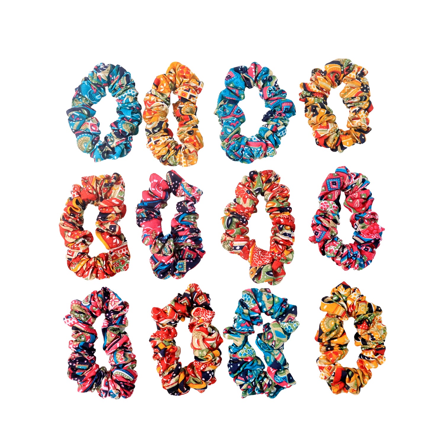 Printed Fabric Hair Scrunchies โ Set of 12 Stylish Prints
