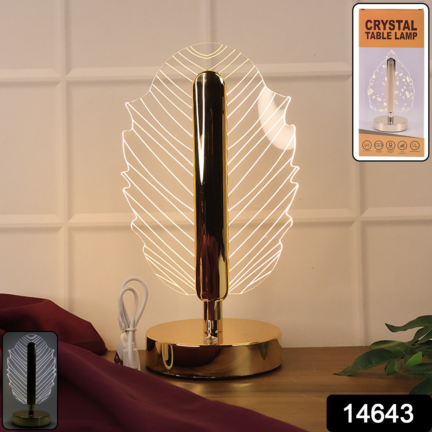 Leaf Shape Crystal Table Lamp β Elegant USB Charging LED Light
