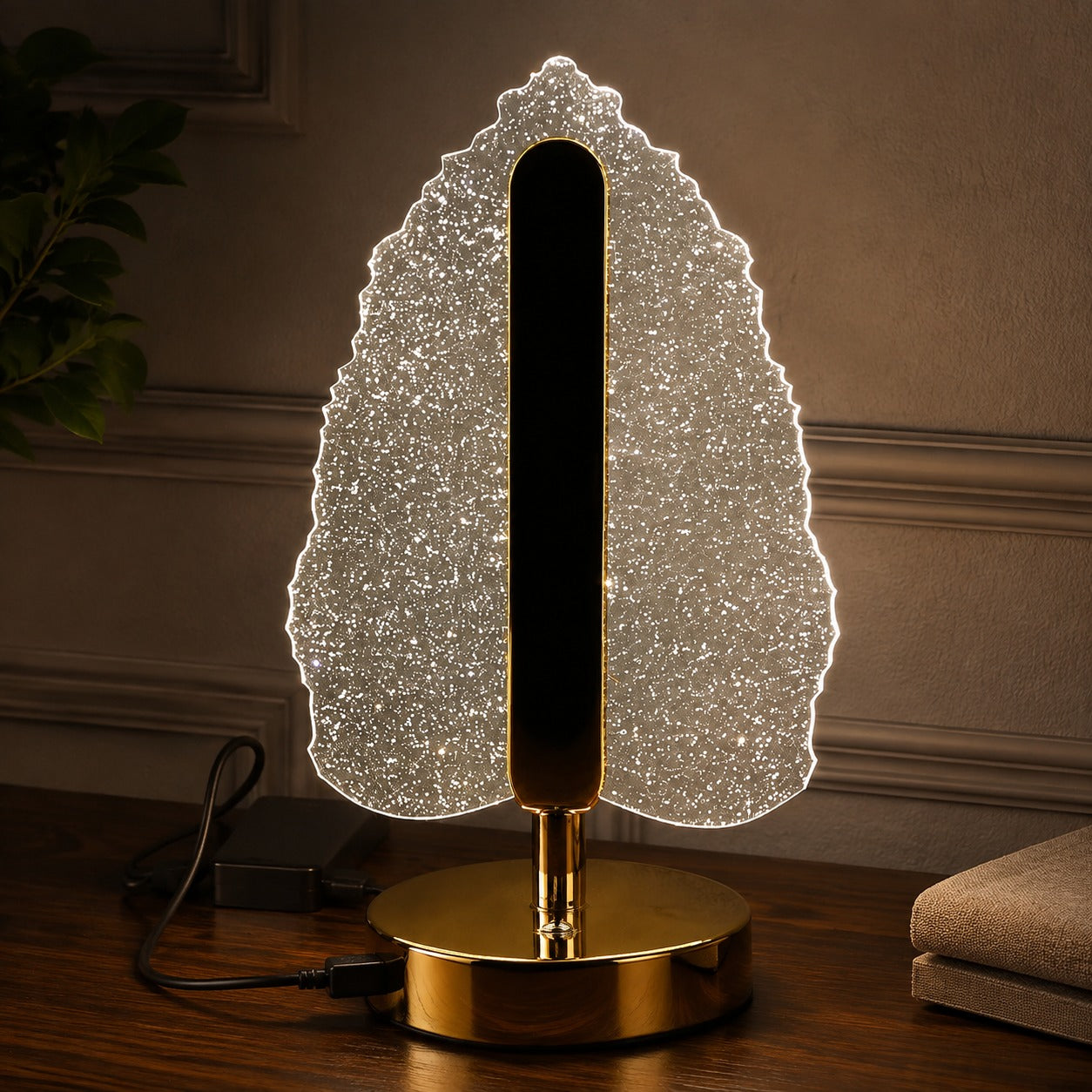 LED Crystal Table Lamp β Elegant Leaf Design with USB Power