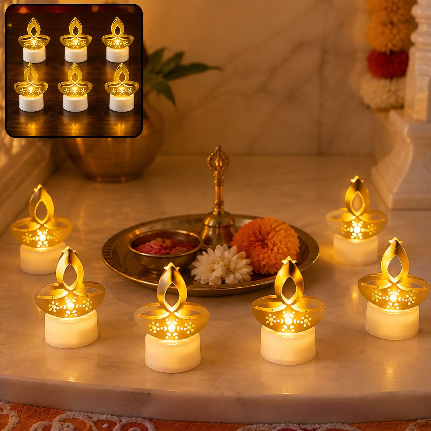 Golden Diya LED Tealight Candles β Elegant Flameless Decor (6 Pc Set)