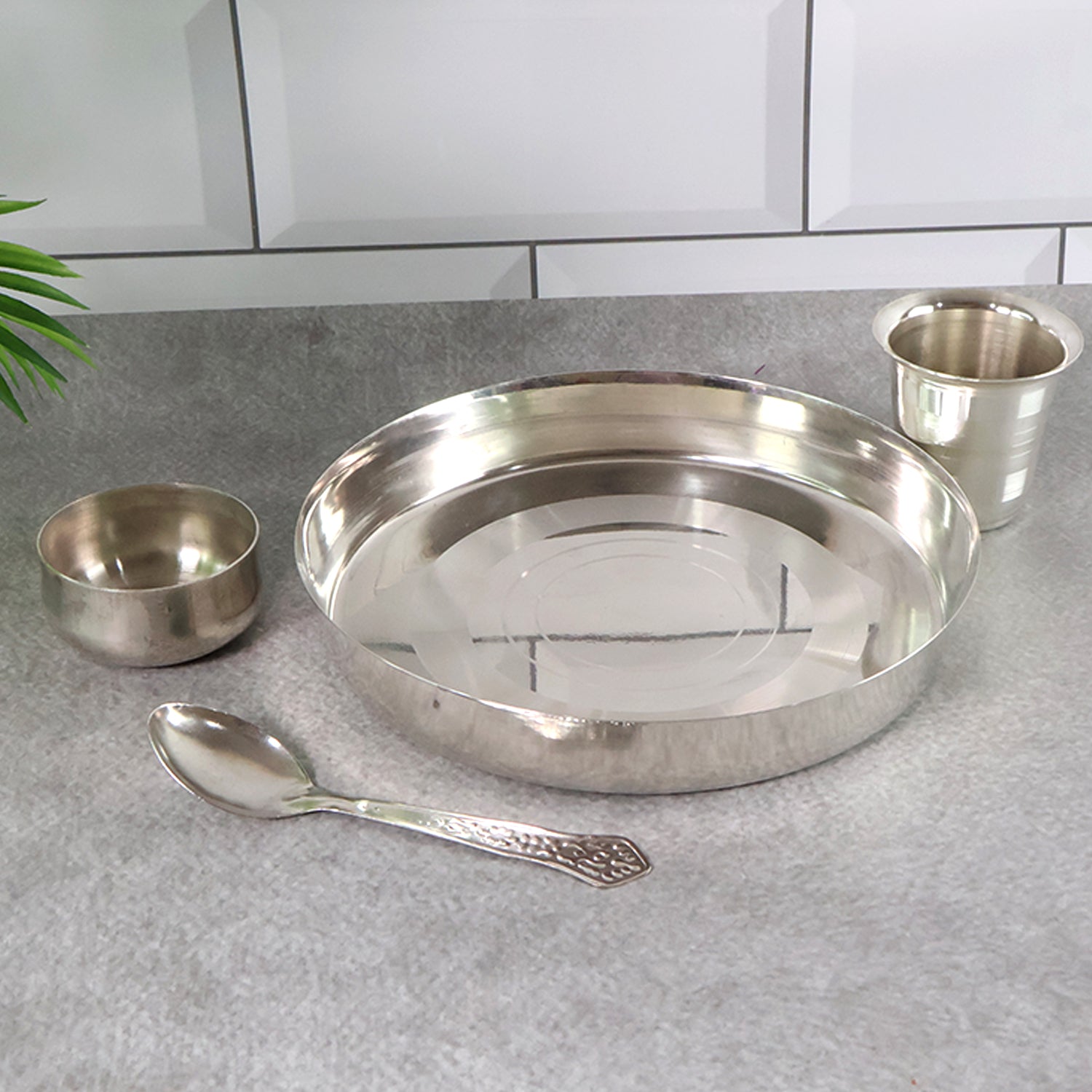 Stainless Steel Pooja Thali Set – Complete 4-Piece Dining Set