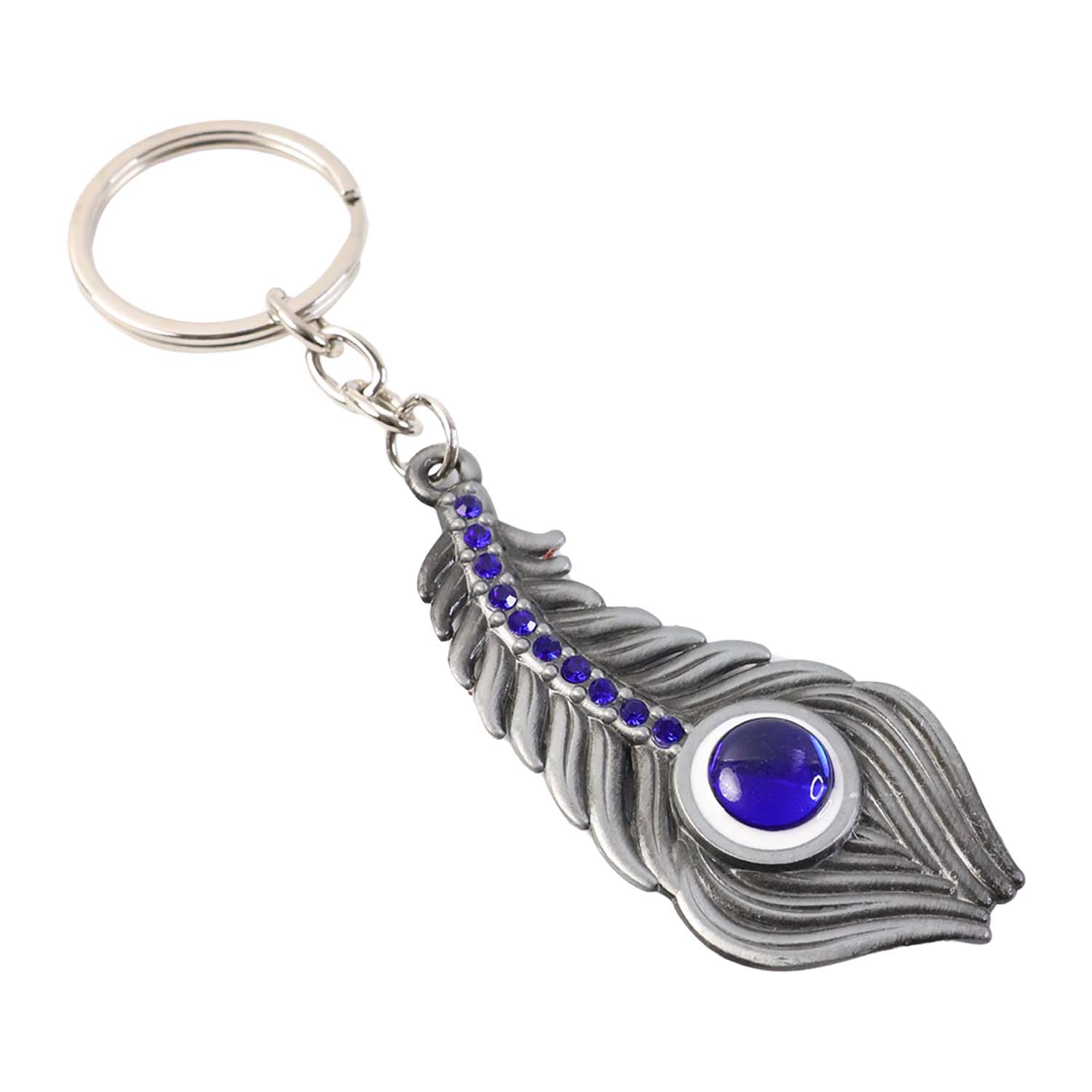 Peacock Feather Keychain – Elegant Metal with Blue Gem Accent